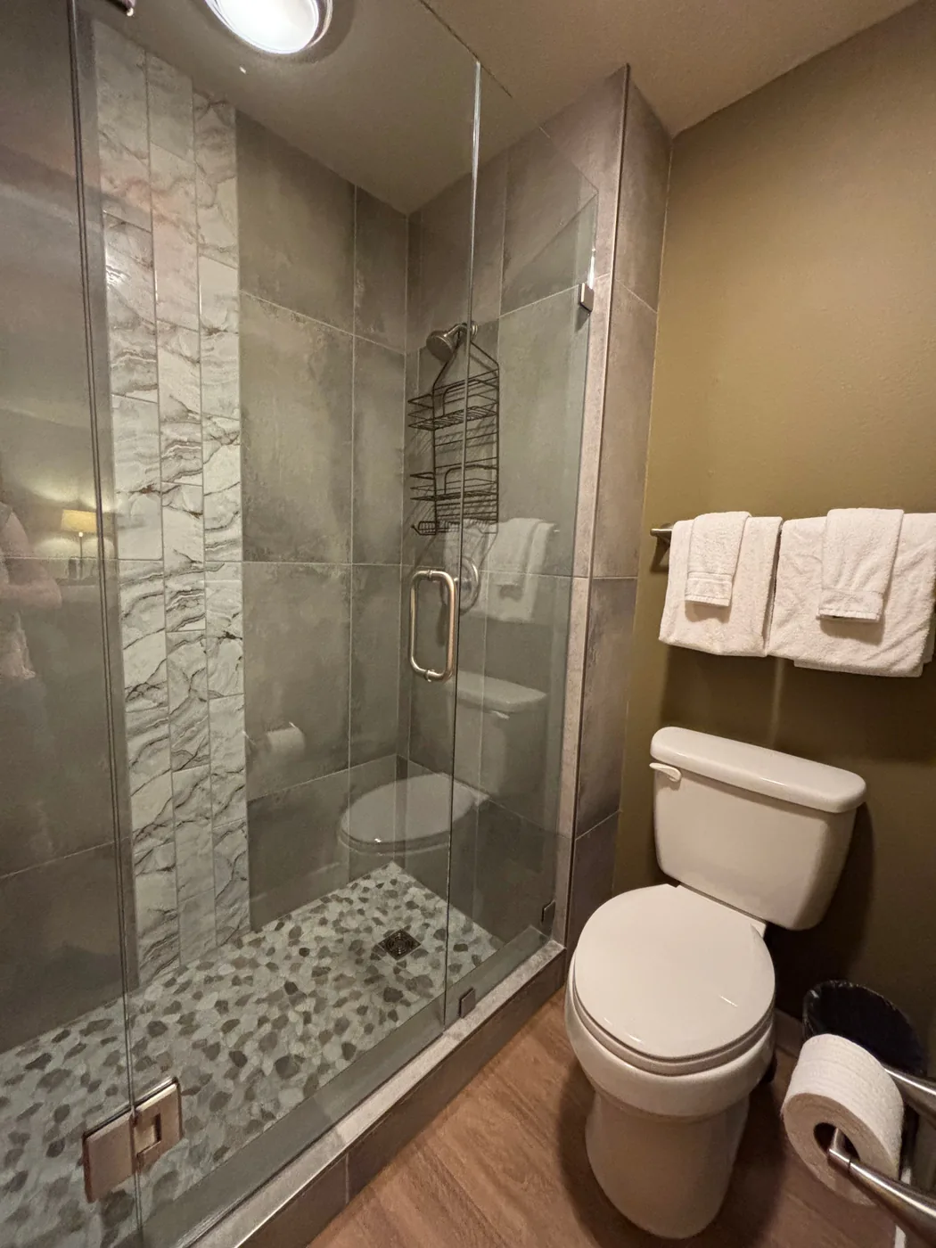 Updated bathroom with glass walk-in shower, tile, toilet, and towel rack